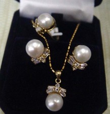 Freshwater Pearl Earrings Ring Pendant Necklace Jewelry Set Girls Valentine New