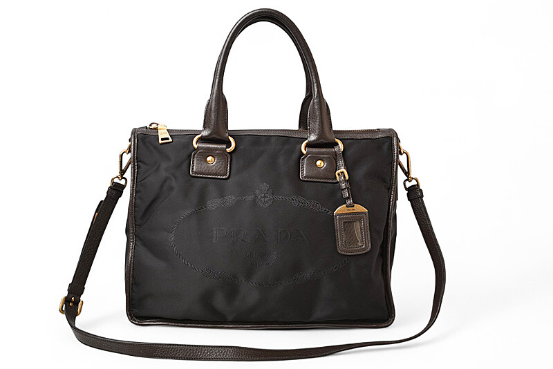 PRADA BL0748 Authentic Black Nylon Jacquard 2-Way Tote Bag with Strap