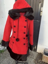 Hell Bunny Red Coat Sarah Jane Gothic Faux Fur Pom Pom Hood Size 14 / L