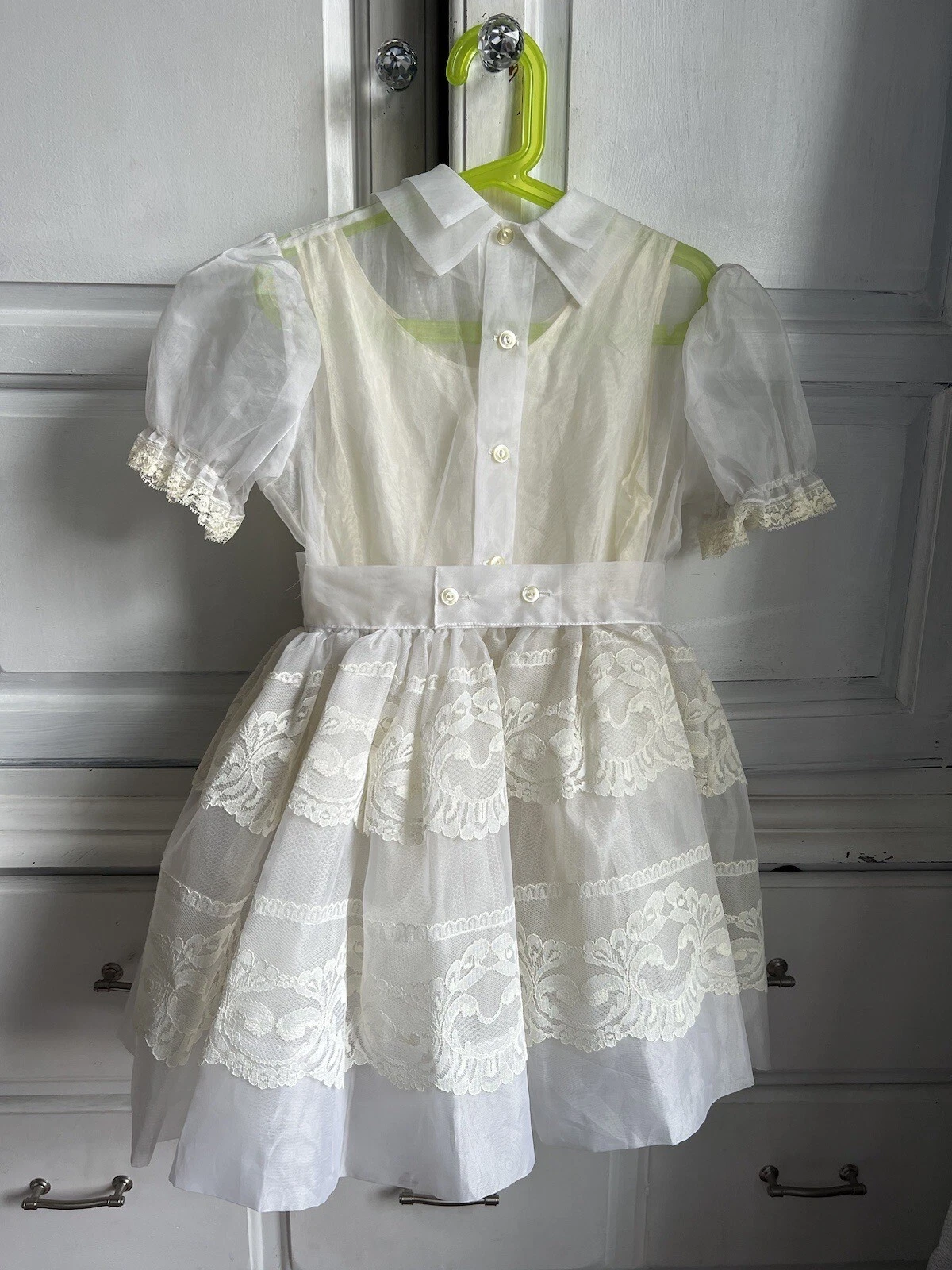 OFF WHITE Abito da festa vintage 1a Comunione frilly organza pizzo perla crinolina bianco sporco