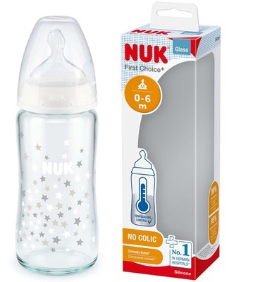 NUK First Choice+ Glasflasche | 0-6 Monate | Temperaturkontrolle | Silikonsauger