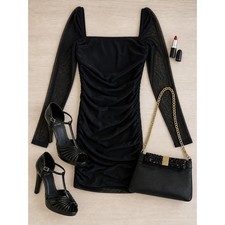 Princess Polly Black Ruched Mesh Sleeve Mini Dress Bodycon Cocktail Party Size 2