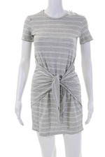 Theory Womens Cotton Short Sleeve Round Neck Stripe Casual Dress Gray Size S