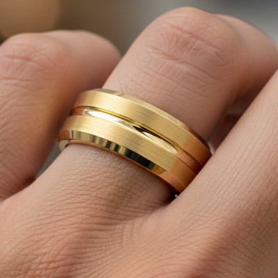 8mm Yellow Gold Tungsten Wedding Band with Brushed Groove Center Beveled Edge