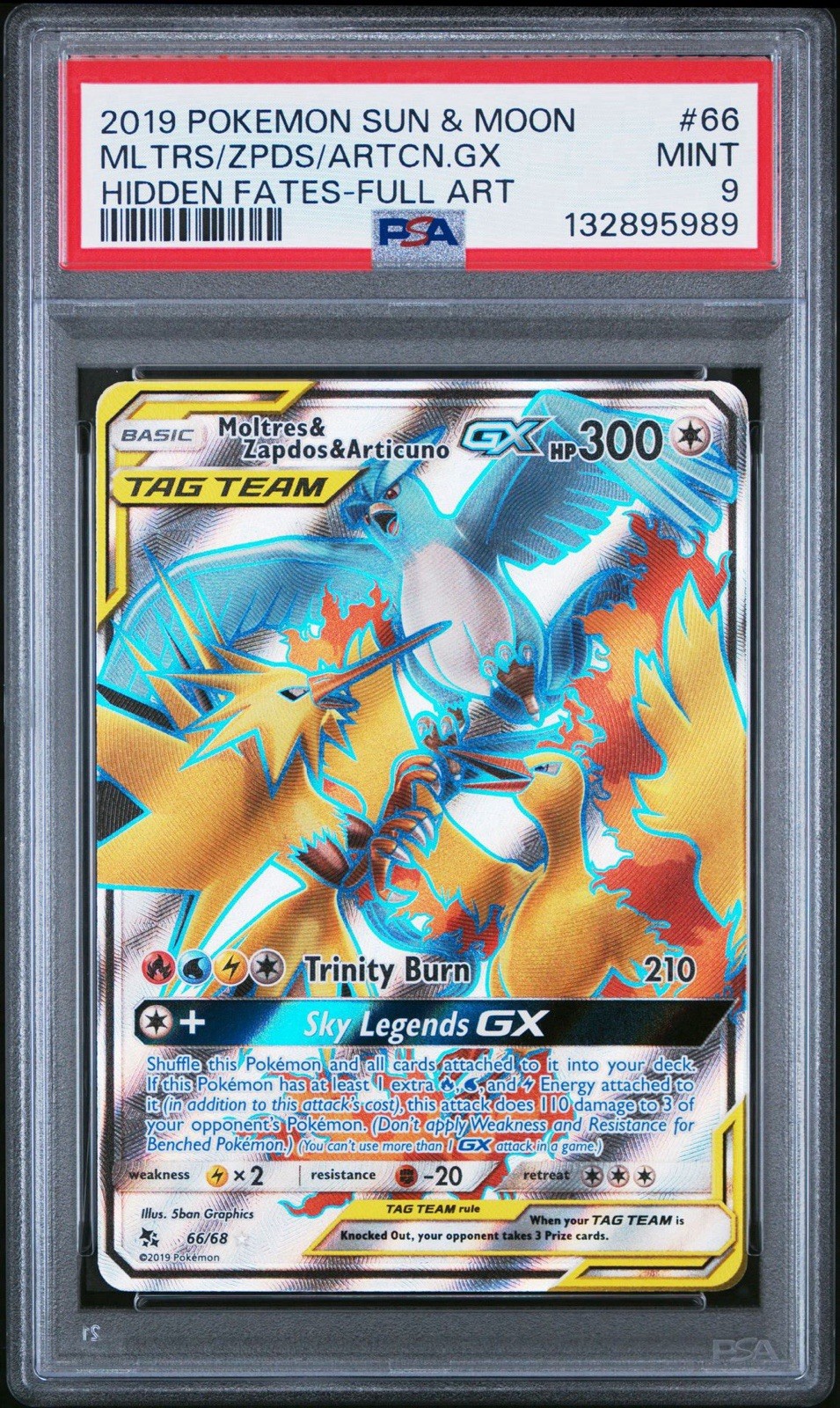 2019 Pokemon SM Hidden Fates Full Art Moltres Zapdos Articuno GX #66 PSA 9 MINT
