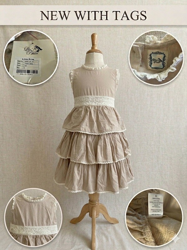 Little Prim Girls 6 Linen Beige Fit & Flare Tiered Sleeveless Lace Bow Dress