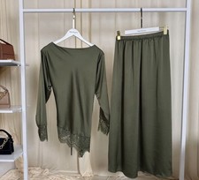 khaki two piece silky skirt and blouse set with lacey outlinings