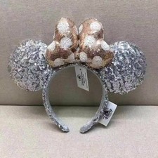 Disney Parks Silver Sequin Ears Rose Gold Polka Dot Bow Minnie Mouse Headband