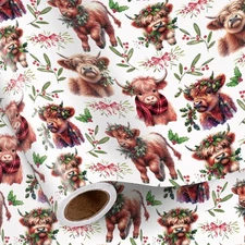 Christmas Cow Wrapping Paper Roll Mini Highland Cow with Wreath Scarf Floral