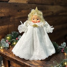 Vintage Angel Tree Topper Christmas Eyelet Lace Dress Gold Trim Tube
