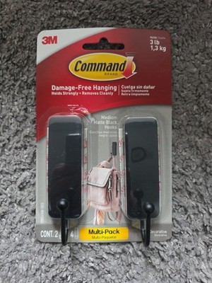 Medium Matte Black Wall Hooks, 2 Hooks and 4 Command Strips, Damage Free