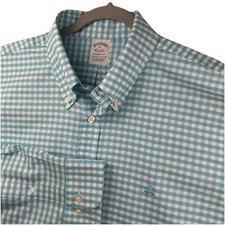 Brooks Brothers Men XL Blue Gingham Long Sleeve Button Down Cotton Blend Stretch