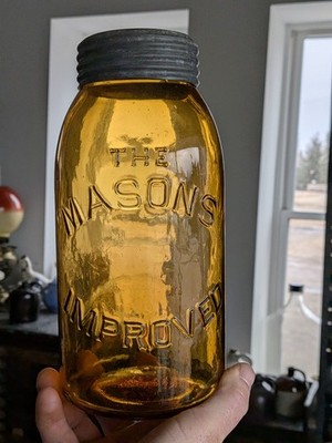 Half Gallon Light Orange Amber Mason's Improved Fruit Jar