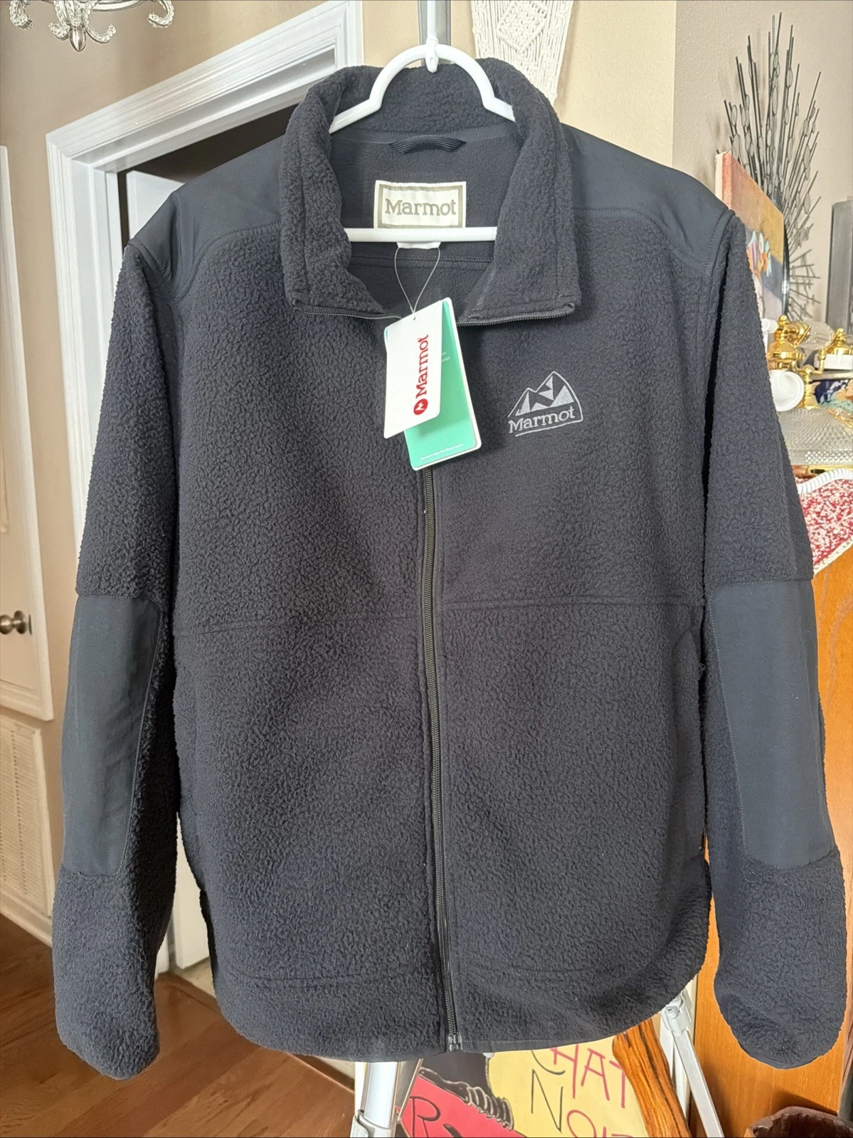 Marmot Jacket Full Zip Soft Fleece Fluffy Black Men Size Large Hiking Outdoor