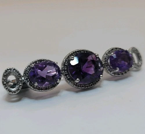 Vintage Sterling Silver & Amethyst Brooch 3 Stones CZ Halo 1⅝” Pin Pendant .925