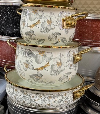 Emaillegeschirr Kochtopf Emaille Suppentopf mit Glasdeckel Floral Retro Geschenkset