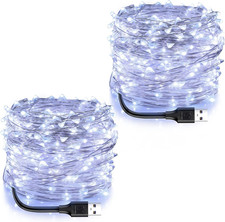 USB Powered Fairy Lights, 2 Pack 33Ft 100 LED, Flexible Silver Wire, Mini String
