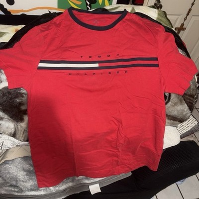Tommy Hilfiger Mens Red Graphic Stripe Logo T-Shirt Navy Crew Neck Large