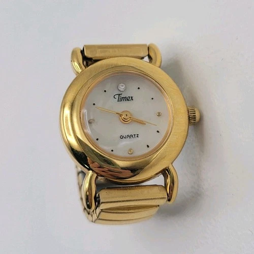 Vintage Gold-Tone Timex Quartz Watch Ring Stretch Band Works -New Battery