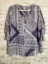 Lucky Brand Boho Top Womens 1X Beige  Purple Mixed Print Lightweight Hippie