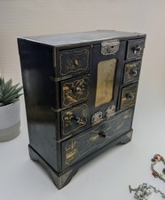 Black Lacquer Antique Japanese 7 Drawers Desk Chest Jewellery Trinket Box c1918