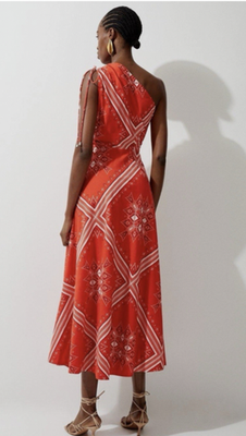 NWT Karen Millen Size L Printed Cotton Voile One Shoulder Midi Dress Red  A57 | eBay