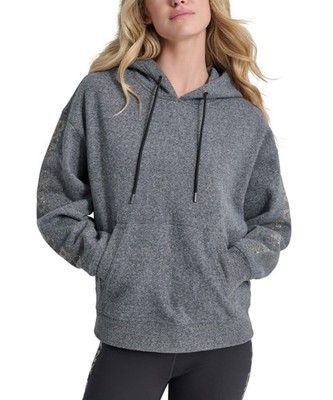 Dkny Sport Women's Rhinestone Logo Fleece Hoodie - black heather  Size M