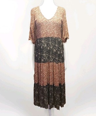 Natural Life Medium Midi Dress Multi Floral Tiered V-neck Boho Cottagecore 