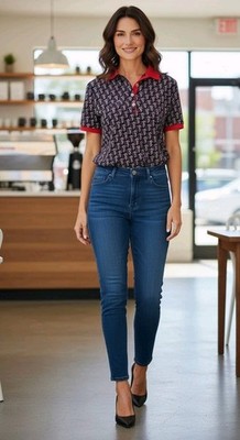 Carolina Herrera Woman Polo Shirt SZ L Navy Red Monogram Logo Short Sleeve