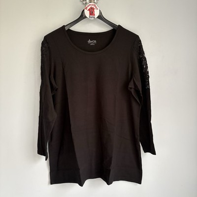 NEW Denim & Co. Lace Shoulder Long Sleeve Knit Top Size XL Solid Black QVC