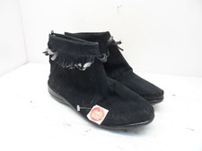Comfort Ease Women's Fringe Back-Zip Moccasin Slippers Black Leather Size 5M