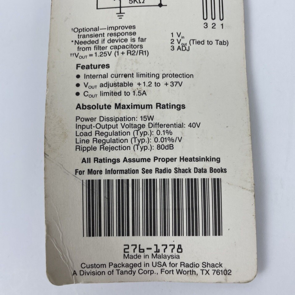 RADIO SHACK LM317T ADJUSTABLE VOLTAGE REULATOR 2761778 New Old Stock