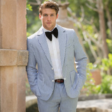 Blue Seersucker Suit for Men Summer Single Breasted Button Beathable Jacket Pant