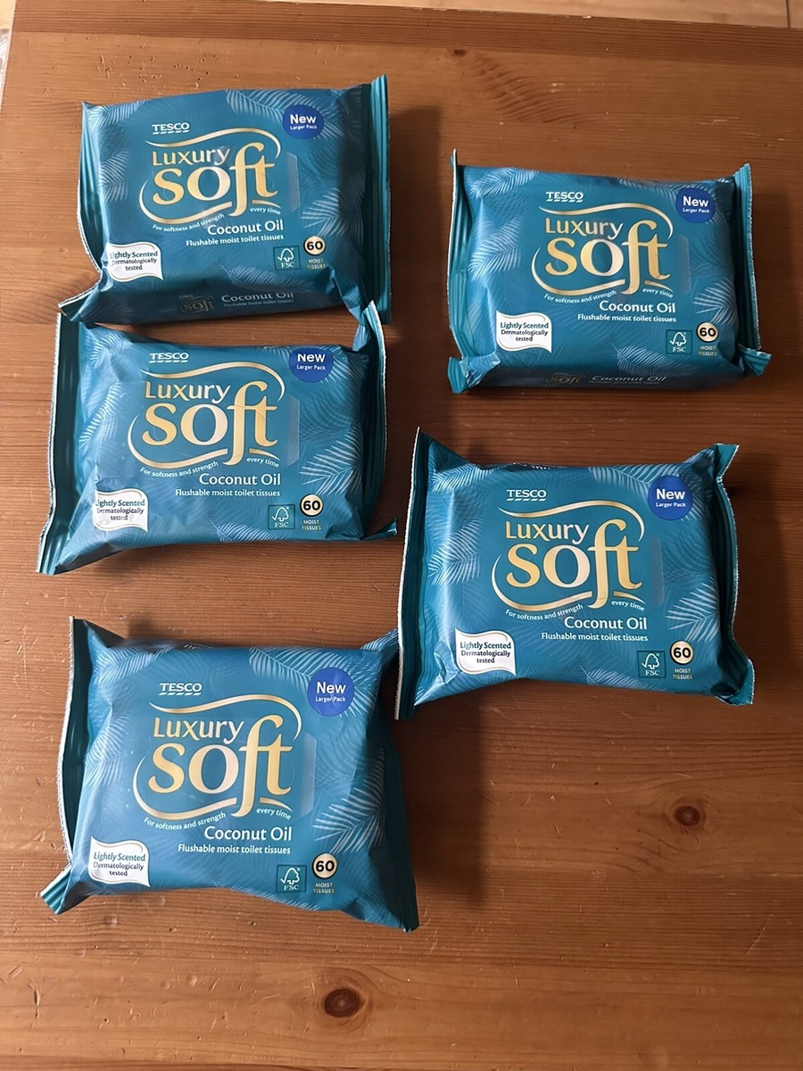 5x TESCO LUXURY SOFT COCONUT OIL FLUSHABLE MOIST TOILET TISSUE X 60 WIPES