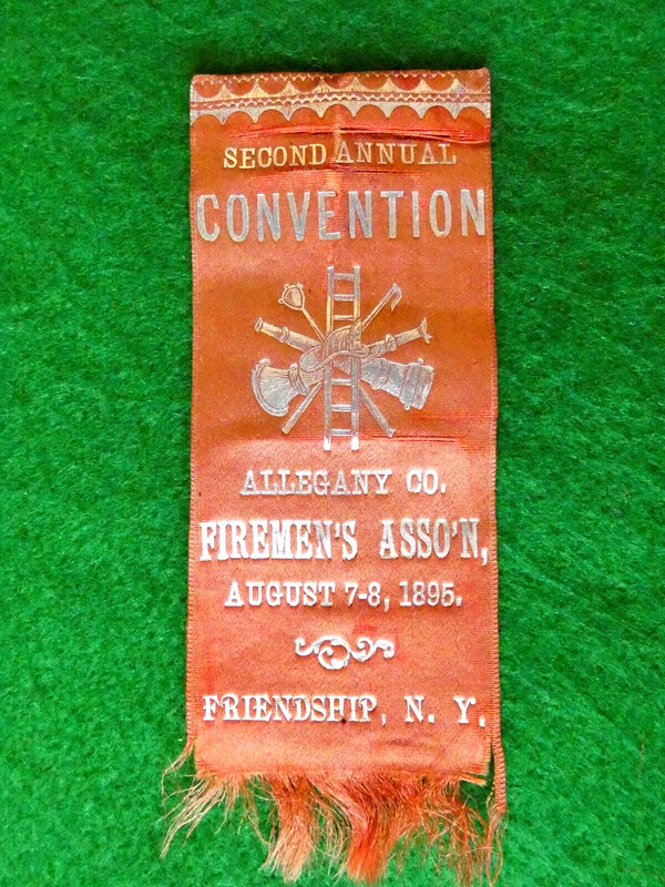 VINTAGE 1895 ALLEGANY CO. N.Y. FIREMENS ASSOC. CONVENTION RIBBON BADGE