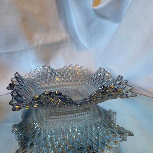 Vintage Federal Glass Lt. Blue Square Candy Nut Dish Diamond Point Ruffled Edge - Picture 3 of 10