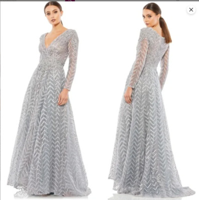 MAC DUGGAL 20189 EMBELLISHED ILLUSIONS LONG SLEEVE WRAP OVER PLATINUM GOWN 18