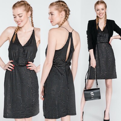 French Connection Enid Jersey Strappy Dress Women's Size 0 Gold Studded on Black