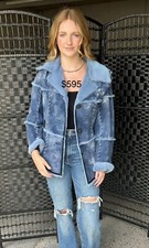 Straight Sleeve Denim Dyed Shearling Jacket W/ Sheared Rabbit Collar & Cuffs