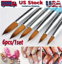 6pcs/set Pure 100% Kolinsky Sable Acrylic Nail Brush Crimped Metal Long Handle