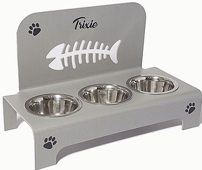 Raised Cat Triple Bowl Feeder Stainless Steel Bowls Personalised