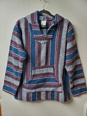 Canyon Creek Mens XL Blue Gray Striped Baja Jacket Hoodie Rug Mexico Blanket