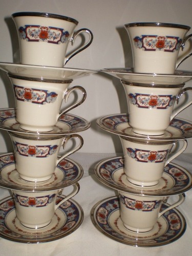 HARDLY USED Set of 8 Lenox INTERLUDE Coffee Cup Teacup Saucers Platinum Trim USA