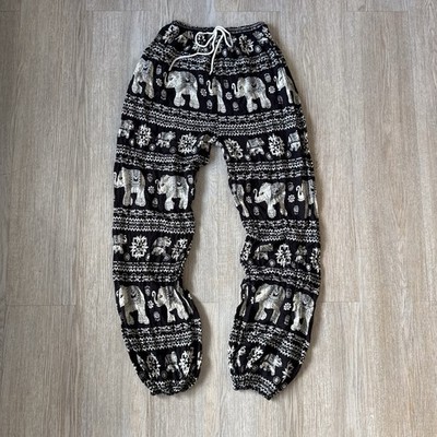 Thailand Elephant Harem Pants Festival Boho Hippie Black Rayon Elastic Waist