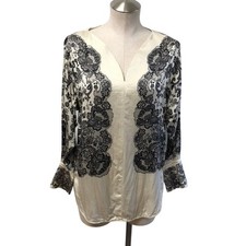 Blusa de seda Escada para mujer 32 negra crema encaje floral Nimah top cuello en V