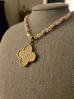 Gold Tone Beaded Necklace Beige Stone Clover Charm Pendant, Flower