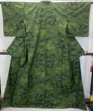 Japanese Vintage Kimono Silk Green Oshima Traditional Authentic Length 64 in