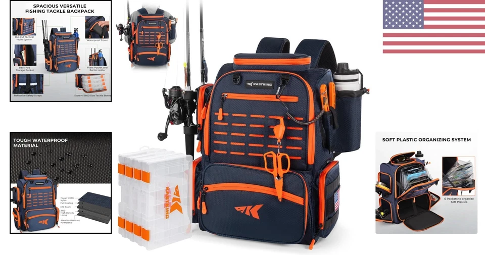Mochila para aparejos de pesca Bait Boss - Bolsa de equipo impermeable 43L con 4 cajas de aparejos Foto 2 de 4
