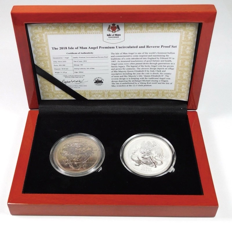 2018 Isle of Man Proof & Reverse Proof 1 Angel 1 Oz .999 Silver Coin Set - OGP