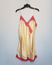 Secret Treasures Womens L Lingerie Slip Dress Yellow Pink Lace Nightie Chemise